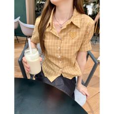 批发美式复古爱心刺绣<b class='q'>格子</b><b class='q'>衬衫女</b>夏季不规则褶皱收腰显瘦蓝色短袖上衣