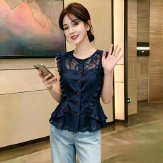 批发夏季蕾丝拼接荷叶边藏蓝色上衣女装2026新款<b class='q'>通勤</b>设计感高级感衬衫