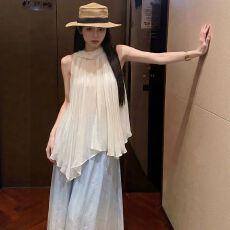 批发温柔仙气<b class='q'>无袖</b>飘带雪纺衬衫上衣女褶皱不规则下摆宽松垂感露肩小衫