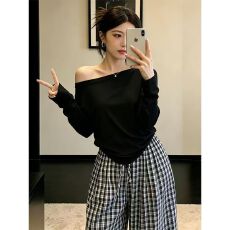 批发夏季慵懒风斜肩长袖上衣+格子<b class='q'>裤</b>套装女2026新款显瘦宽松两件套潮