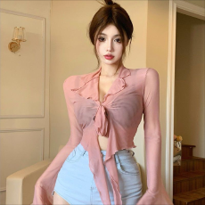 批发纯欲性感辣妹透视纱网长袖衬衫女夏季新款绑带<b class='q'>喇叭袖</b>开衫短款上衣