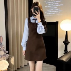 批发法式假两件背带衬衫连衣裙子女早秋季2026新款学院风气质穿搭短裙