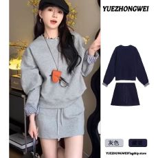 批发韩国chic春秋法式设计感假两件拼接格子长袖卫衣+A字<b class='q'>半身裙</b><b class='q'>短裙</b>女