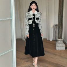 批发条纹女装法式小香风格假两件收腰<b class='q'>连衣裙</b>2026冬季显瘦气质长裙子