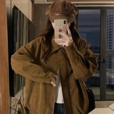 批发原版做法美式麂皮绒翻领外套女秋冬宽松时尚加厚棕色休闲夹克上衣
