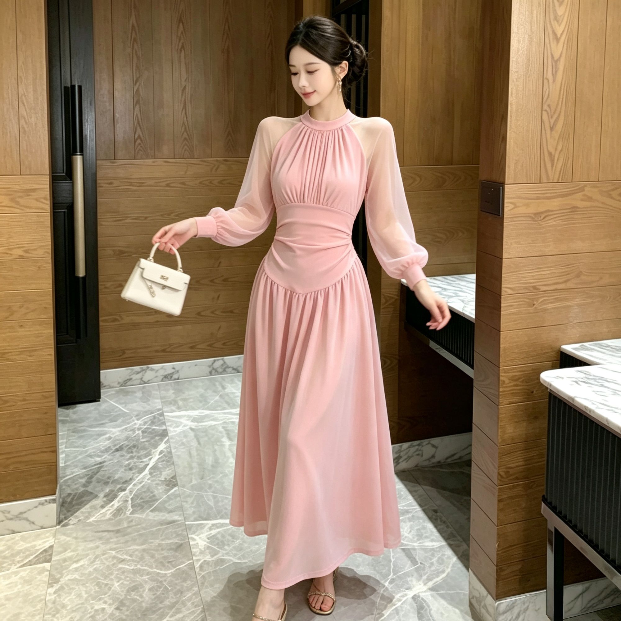 RY8418# 法式复古御姐风网纱拼接连衣裙女2026秋季新款气质收腰垂感...