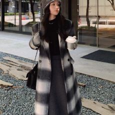 批发黑白格子中长款毛呢外套女2026冬季新款高级感韩版宽松呢子大衣潮