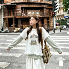 批发新款潮牌<b class='q'>女装</b>漂亮衣服出片韩系<b class='q'>甜美</b>蕾丝拼接假两件打底衫女