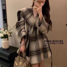 批发伯多洛格大衣设计感格纹大领子女时髦小个子短款加厚双面毛呢外套