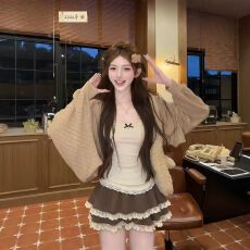 批发纯欲风复古甜心风蕾丝拼接吊带上衣开衫半身裙套装女2026早秋新款