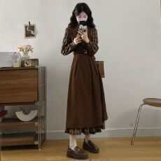 批发法式美拉德假两件<b class='q'>衬衫</b>连衣裙子女秋季2026新款学院风收腰显瘦长裙