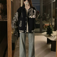 批发【原版做法有内里】复古棒球服外套女撞色拼接毛巾绣重磅情侣<b class='q'>夹克</b>