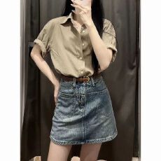 批发小个子盐系穿搭港风复古Polo领宽松显瘦卡其衬衫牛仔半身裙两件套
