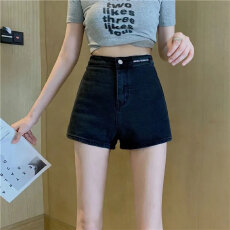 批发薄款ins风弹力短裤女a字<b class='q'>包臀</b>打底紧身直筒贴标黑色高腰牛仔热裤子