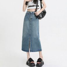 批发复古半身裙女ins风前开叉设计高腰遮肉梨形a字中长直筒包臀牛仔裙