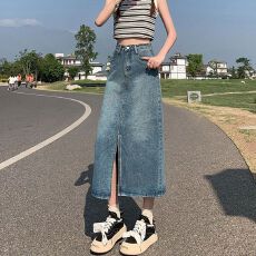 批发设计感开叉ins风复古直筒高腰牛仔裙女梨形包臀裙a字半身中长裙子