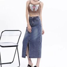批发设计感高腰<b class='q'>牛仔</b>半身裙女中长款韩版开叉直筒一步裙包臀