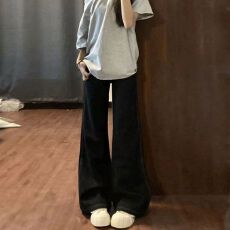 批发黑色大码微喇牛仔裤女秋季新款梨型身材低腰胖mm百搭显瘦喇叭裤子