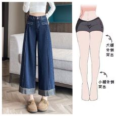 批发胖MM拼接深蓝色<b class='q'>牛仔裤</b>2025新款大码宽松<b class='q'>九分</b>直筒裤小个子阔腿裤子