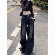 批发水洗黑灰色高腰阔腿牛仔裤<b class='q'>女</b>美式复古高街宽松显瘦垂感拖地直筒裤