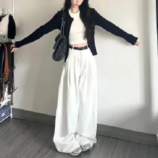 批发白色褶皱阔腿牛仔裤百搭高腰显瘦修身垂感宽松直筒拖地裤