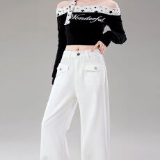 批发白色阔腿牛仔裤<b class='q'>女</b>秋冬季2025新款显瘦网红宽松小个子直筒裤