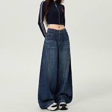 批发2025新款大码美式复古阔腿牛仔<b class='q'>裤</b>女冬季胖mm高腰百搭<b class='q'>宽松</b>弯刀<b class='q'>裤</b>子