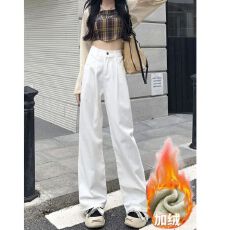 批发白色宽松阔腿<b class='q'>牛仔裤</b>女秋冬季学生新款褶皱高腰垂感加绒加厚拖地裤