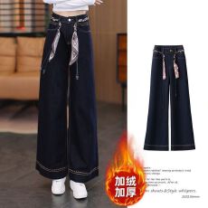 批发设计感牛仔裤女冬季美式高腰显瘦大码<b class='q'>胖</b><b class='q'>mm</b><b class='q'>加绒加厚</b>阔腿微喇叭裤子
