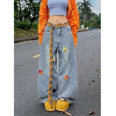 批发复古宽松直筒垂感美式卡通趣味刺绣牛仔裤女<b class='q'>秋</b>季2026新款阔腿裤子