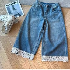 批发蕾丝花边阔腿<b class='q'>牛仔裤</b><b class='q'>女</b>新款大码梨形身材宽松显瘦小个子八分裤