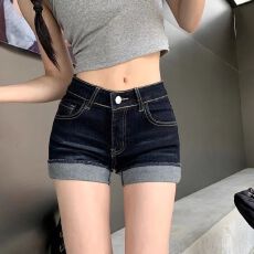 批发翻边牛仔短裤<b class='q'>女</b>2026夏季辣妹高腰显瘦a字裤弹力紧身包臀热裤