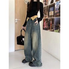 批发2026年新款<b class='q'>时尚</b>高腰翻边牛仔裤女春秋复古水洗阔腿裤百搭长裤子潮