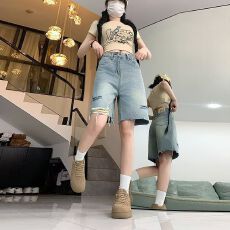 批发夏季新款毛边破洞牛仔短<b class='q'>裤</b>女小个子高腰宽松显瘦直筒阔<b class='q'>腿</b>五分<b class='q'>裤</b>