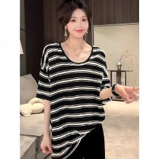 批发韩系慵懒风松弛感条纹斜肩短袖t恤女<b class='q'>夏</b>季新款设计感宽松遮肚上衣