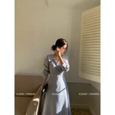 批发韩系交叉V领压褶设计系带收腰长袖<b class='q'>连衣裙</b>