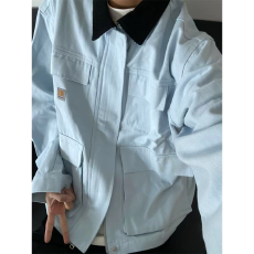 批发美式撞色工装<b class='q'>夹克</b>男多口袋拼接蓝色牛仔外套潮流休闲宽松翻领上衣