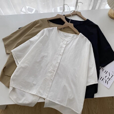 批发韩国<b class='q'>外贸</b>不规则衬衫女夏季宽松大码显瘦设计感开叉五分袖百搭上衣