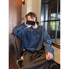 批发美式复古设计感圆领<b class='q'>牛仔</b><b class='q'>衬衫</b><b class='q'>女</b>春季新款宽松显瘦百搭休闲长袖上衣