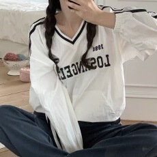 批发已出2026韩国秋冬绣花字母T恤 小众V领字母抽绳设计长袖<b class='q'>卫衣</b>