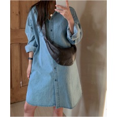 批发原版<b class='q'>韩国</b>chic复古翻领明线设计宽松休闲长袖水洗牛仔连衣裙女