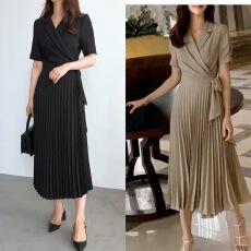 批发已出韩版西装<b class='q'>连衣裙</b>女气质中长款系带收腰显瘦<b class='q'>百褶</b>大摆