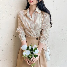 批发已出韩国chic 春季法式轻奢时尚气质条纹拼接收腰<b class='q'>衬衫</b>裙<b class='q'>连衣裙</b>