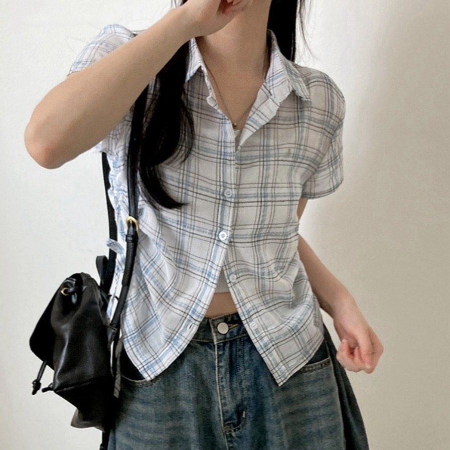 有货chic夏季韩国东大门下摆抽褶格子短袖衬衫