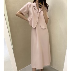 批发<b class='q'>韩国</b>chic春夏新品简约短袖西服外套+吊带连衣裙长裙两件套装