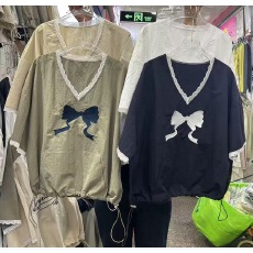 批发已出休闲复古风蕾丝拼接蝴蝶结刺绣宽松短袖T恤上衣