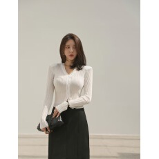 批发2026春夏新款 ins博主V领纽扣修身长袖针织开衫上衣