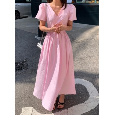 批发有货chic 韩小心机<b class='q'>露背</b>系带交叉V领泡泡袖度假<b class='q'>连衣裙</b>