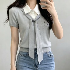 批发假两件polo领针织短袖t恤女夏季2026新款设计感小众正肩显瘦上衣