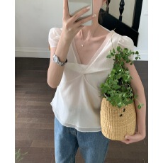 批发chic 韩系夏季甜美小众设计感法式V领<b class='q'>双层</b>别致泡泡袖<b class='q'>雪纺</b><b class='q'>衫</b>上衣